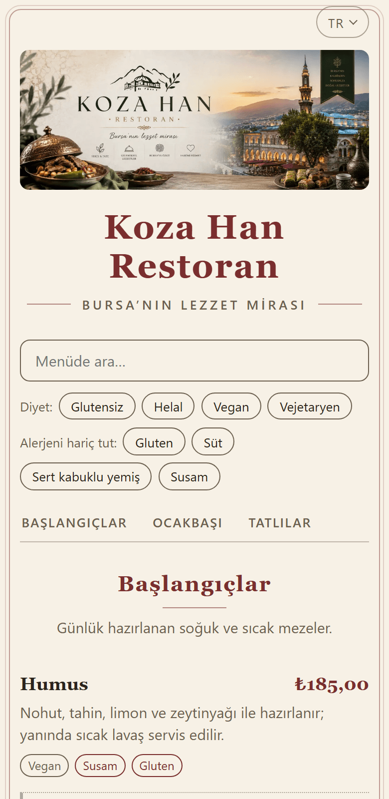 DioMENU ile yayınlanmış bir menü: restoran başlığı, dil ve şube seçimi, alerjen filtreleri ve fiyatlarıyla ürün listesi.