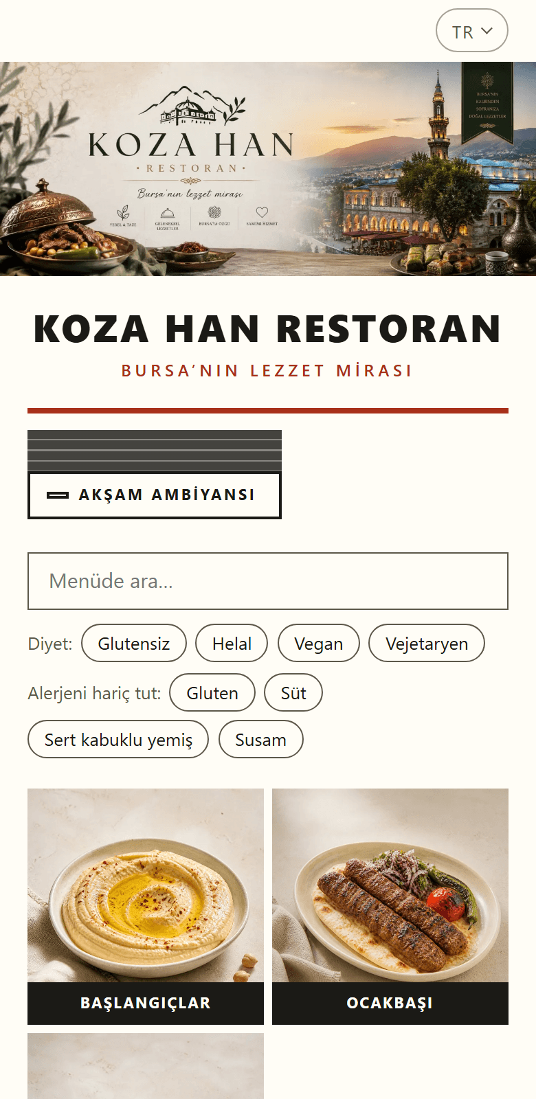 Kepenk menü şablonunun çalışan üründen alınmış ekran görüntüsü.