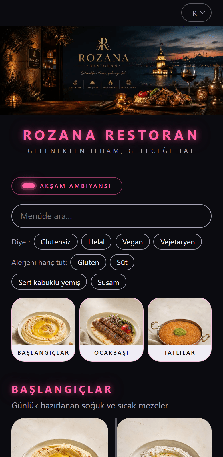 Neon menü şablonunun çalışan üründen alınmış ekran görüntüsü.